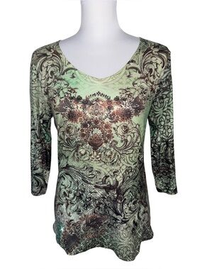 Jane Ashley Baroque Paisley Rhinestone‎ Top 3/4 Sleeve Green Small Romantic Y2K